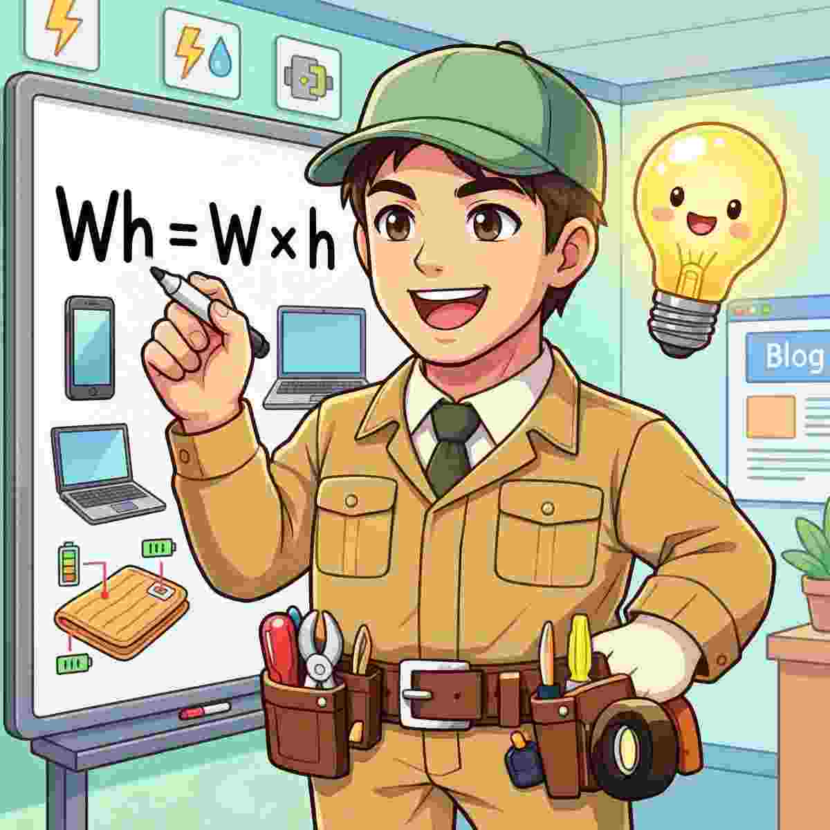 ジンデンがホワイトボードに容量計算式を書いて説明しているアニメイラスト