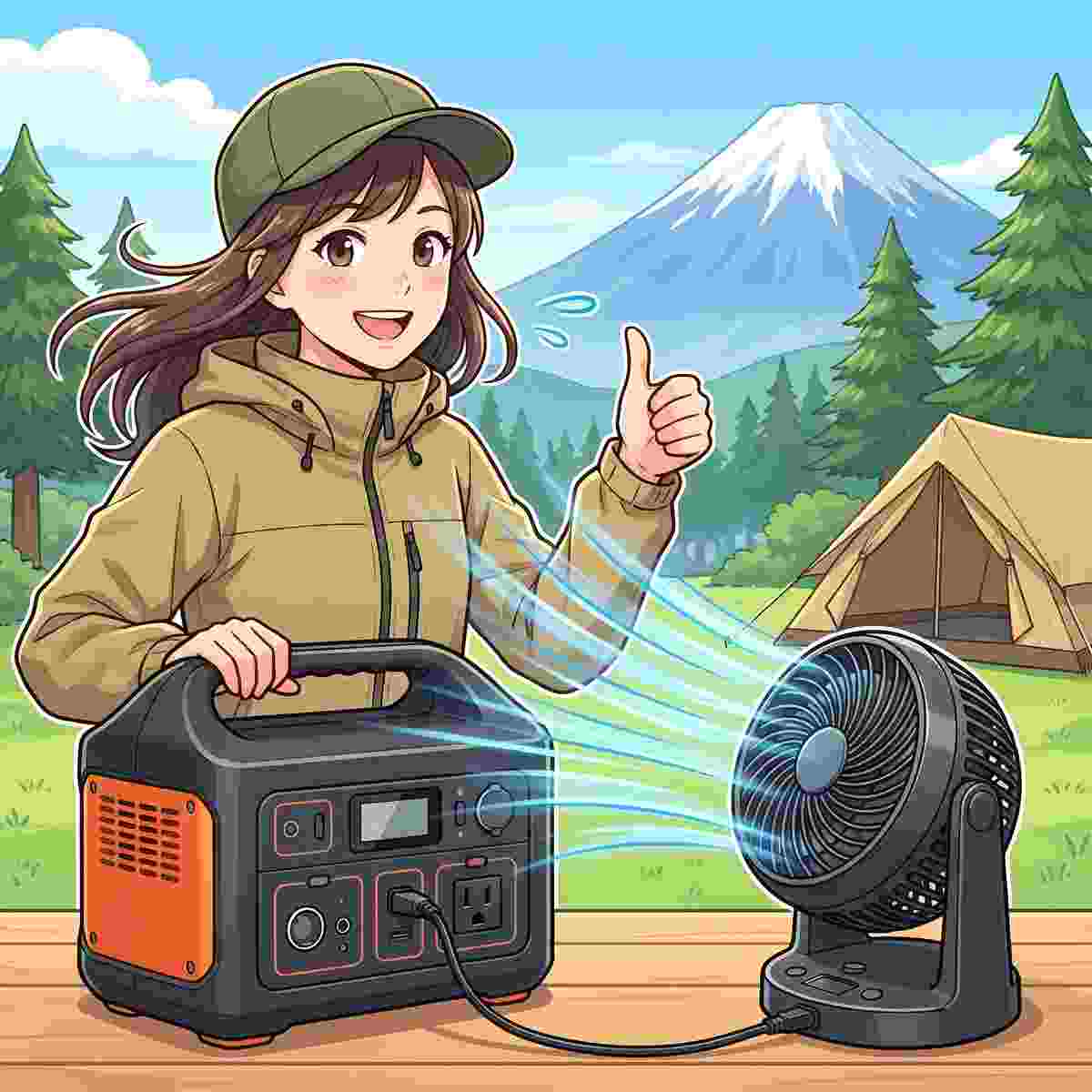 ポータブル電源に接続したサーキュレーターの前でサムズアップする20代女性キャンパーのイラスト