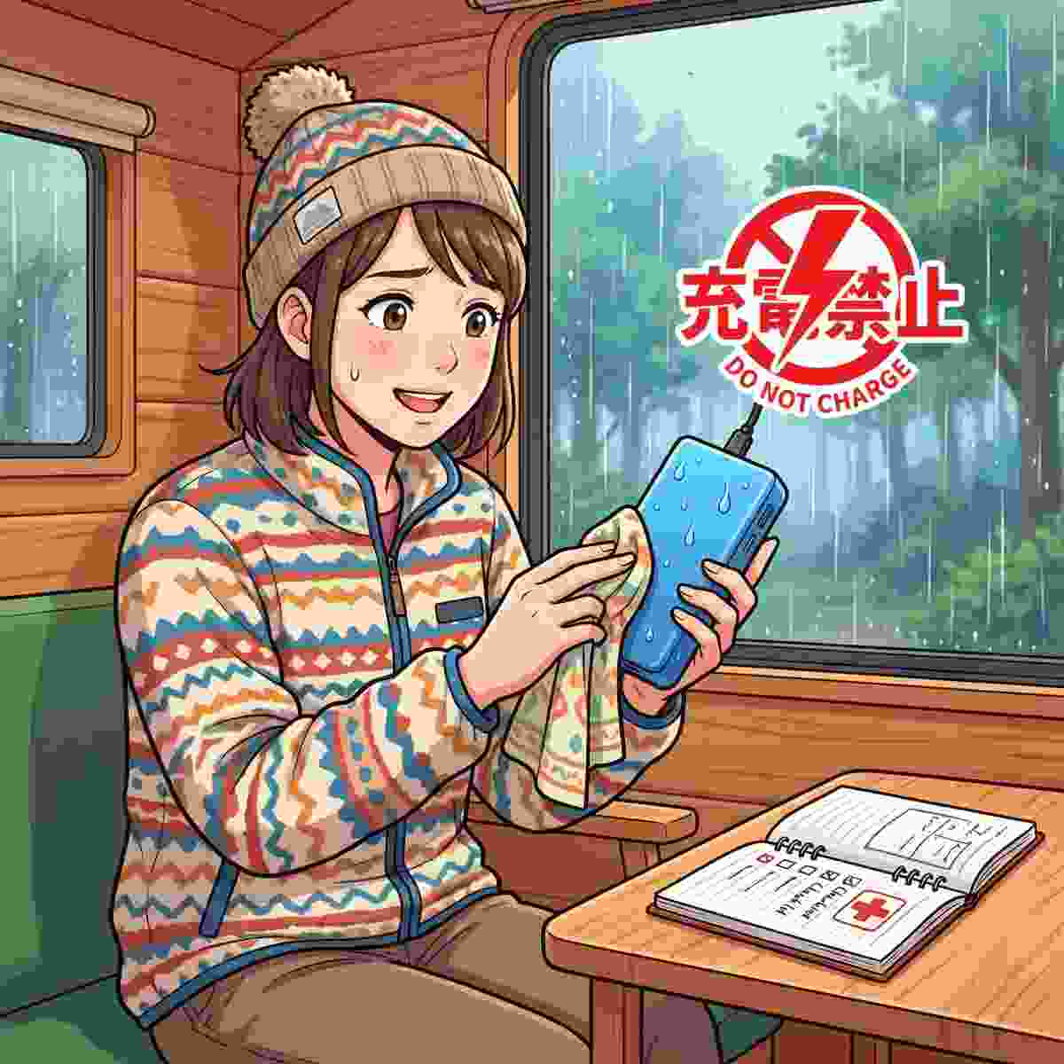 雨で濡れたモバイルバッテリーをタオルで拭いて対処する女性キャンパーのイラスト
