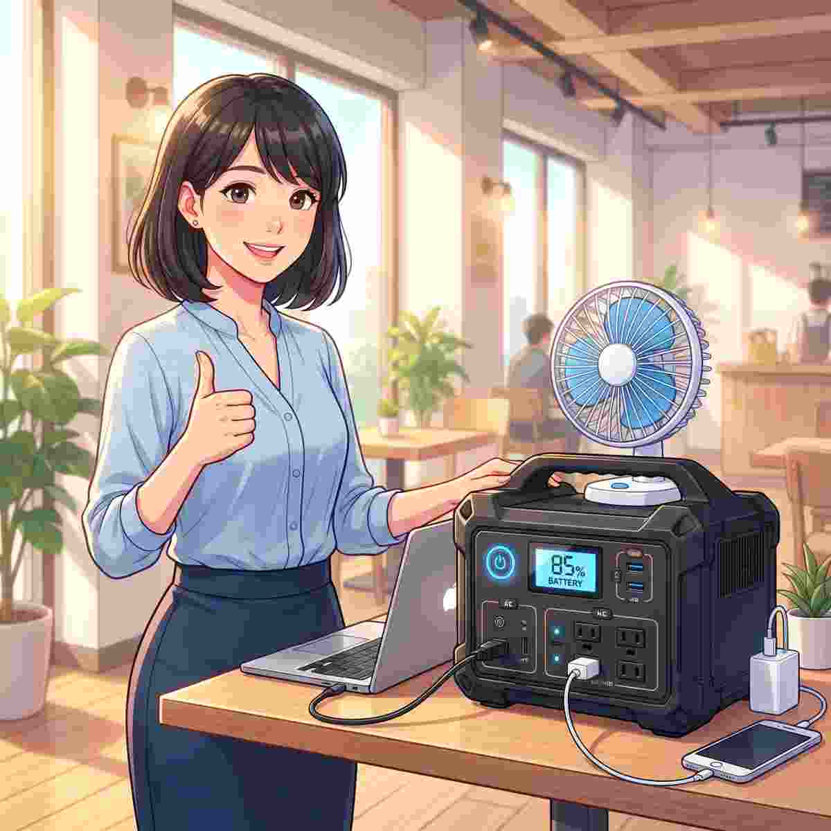 ポータブル電源に複数の家電とノートパソコンを同時接続する女性OLのイラスト
