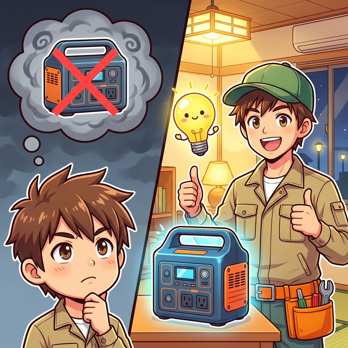 不要論の思考と停電時に活躍するポータブル電源を対比したジンデンのイラスト