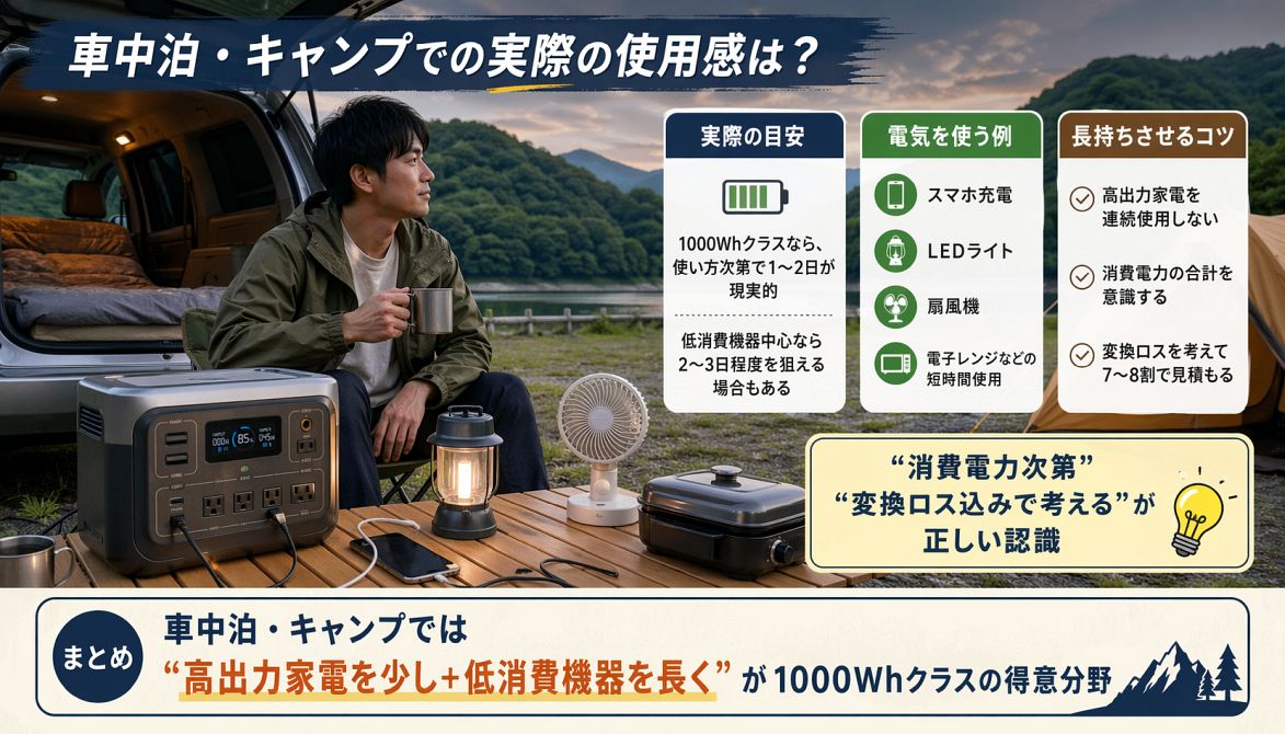 車中泊やキャンプでポータブル電源を使い、照明やスマホ充電、小型家電を利用している実際の使用イメージをまとめた図解