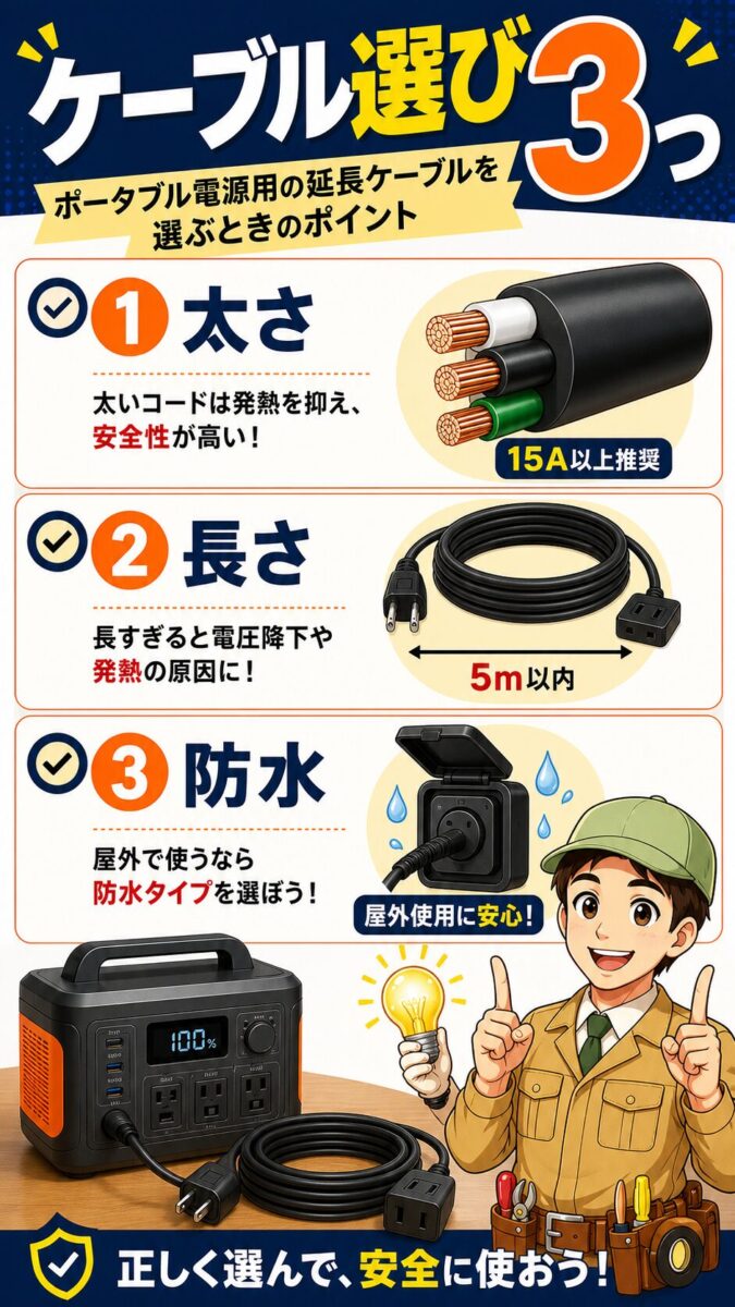 ポータブル電源用の延長ケーブルを選ぶ時の重要ポイントをまとめたチェックリスト画像