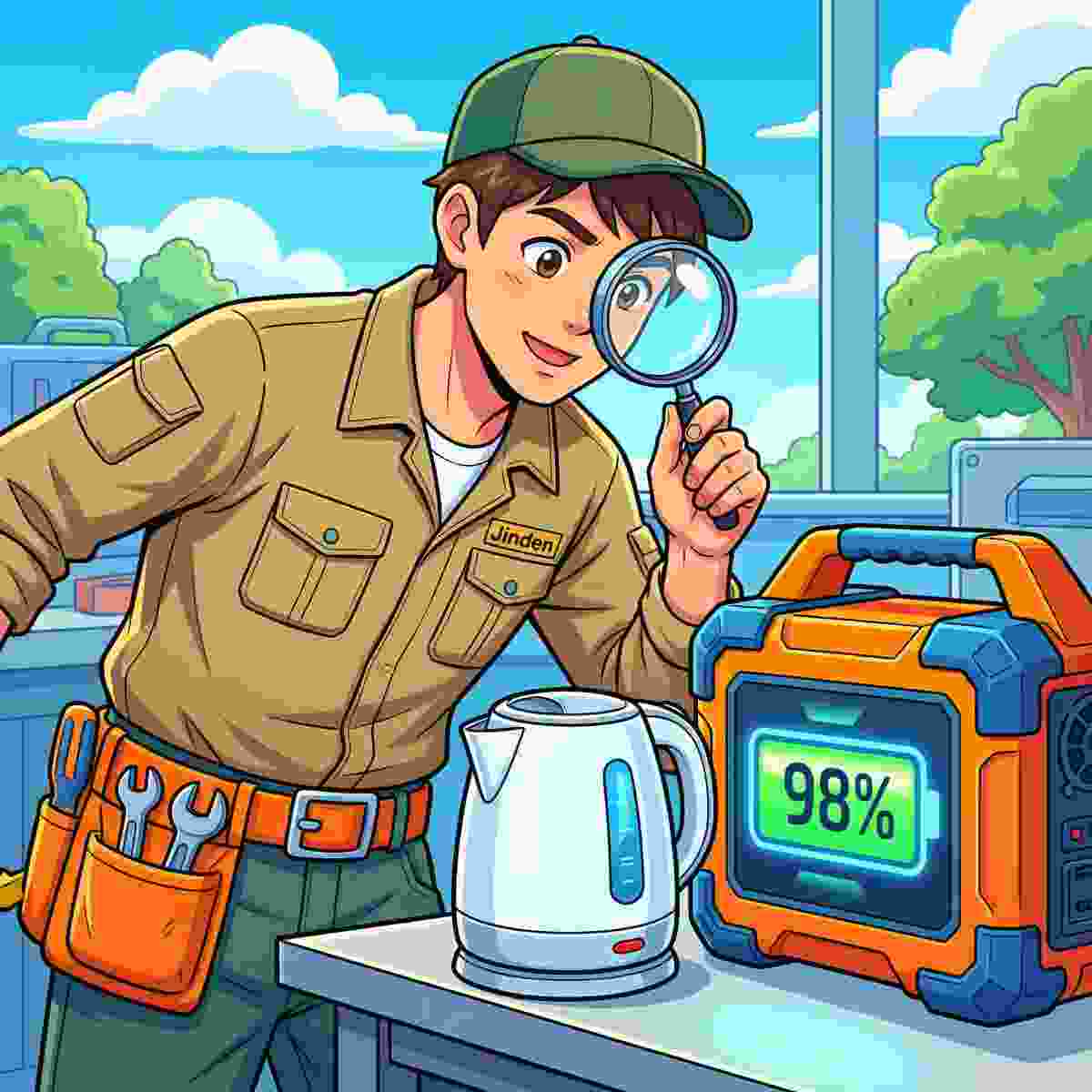 超低消費電力の電気ケトルをルーペで調べてポータブル電源の節電効果を確認するジンデンのイラスト