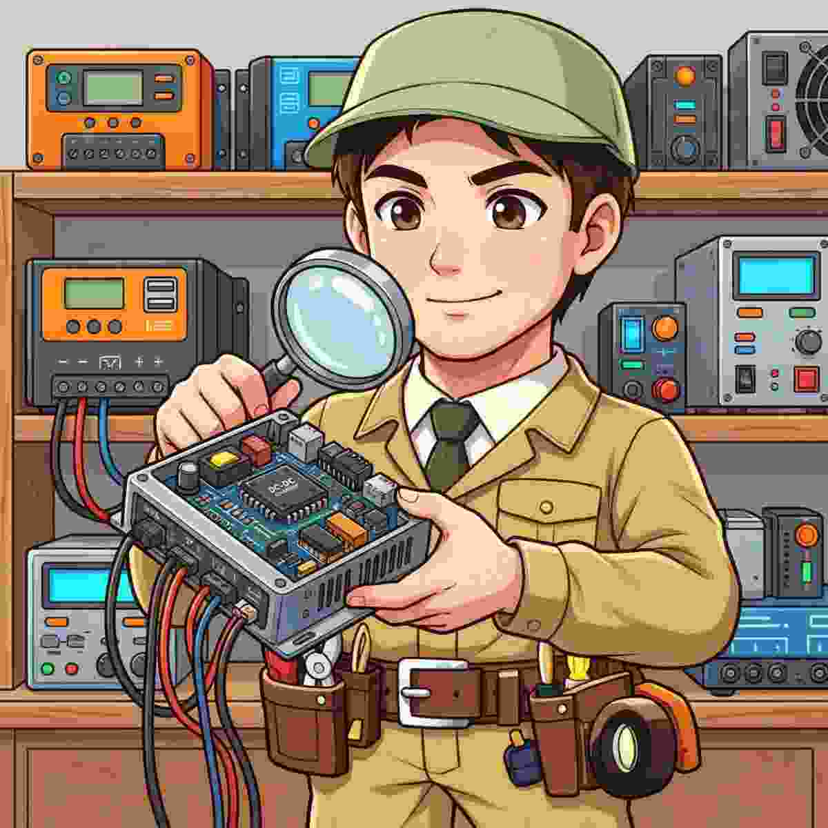 DC-DCチャージャーをルーペで詳しく調べるジンデンのイラスト