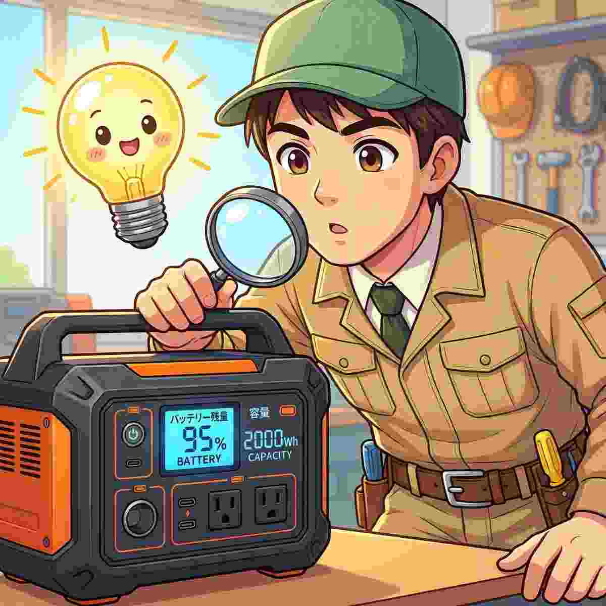 ジンデンがポータブル電源のLCDディスプレイをルーペで確認しているアニメイラスト