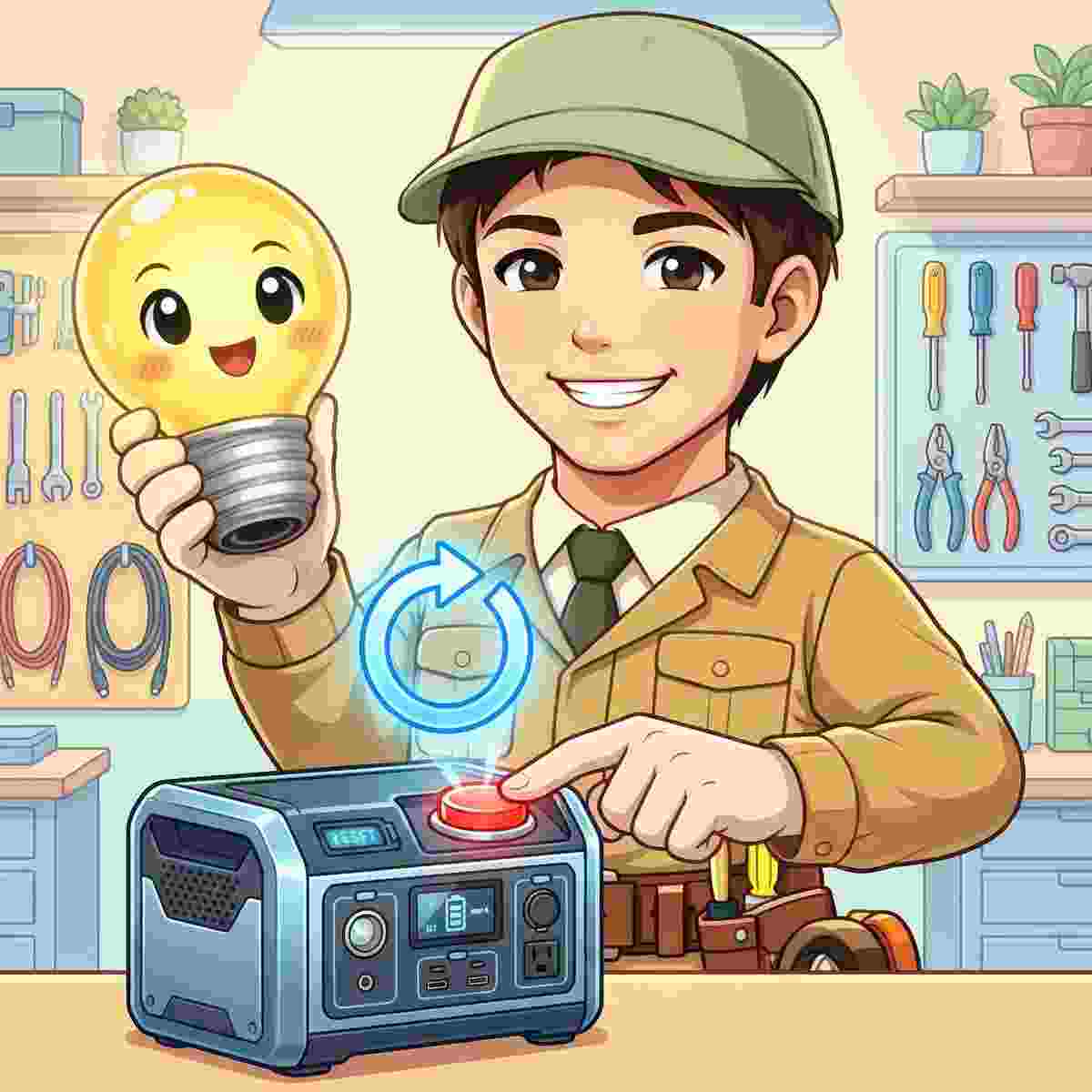 EcoFlow Delta 2のリセット操作をするジンデンのイラスト