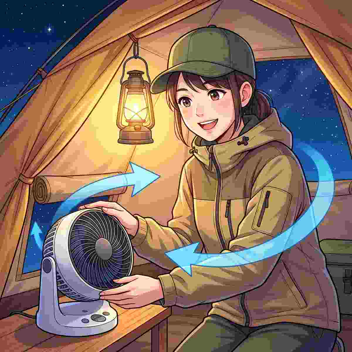 テント内でサーキュレーターを換気口に向けて設置する20代女性キャンパーのイラスト