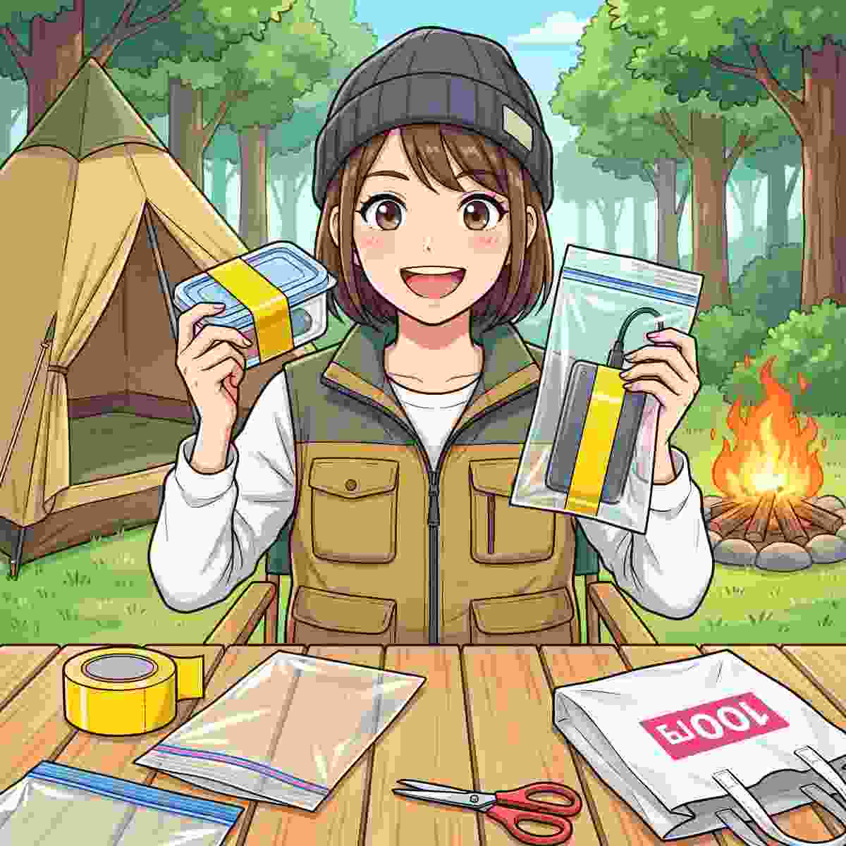 100均グッズを使ってモバイルバッテリーの防水ケースを自作する女性キャンパーのイラスト