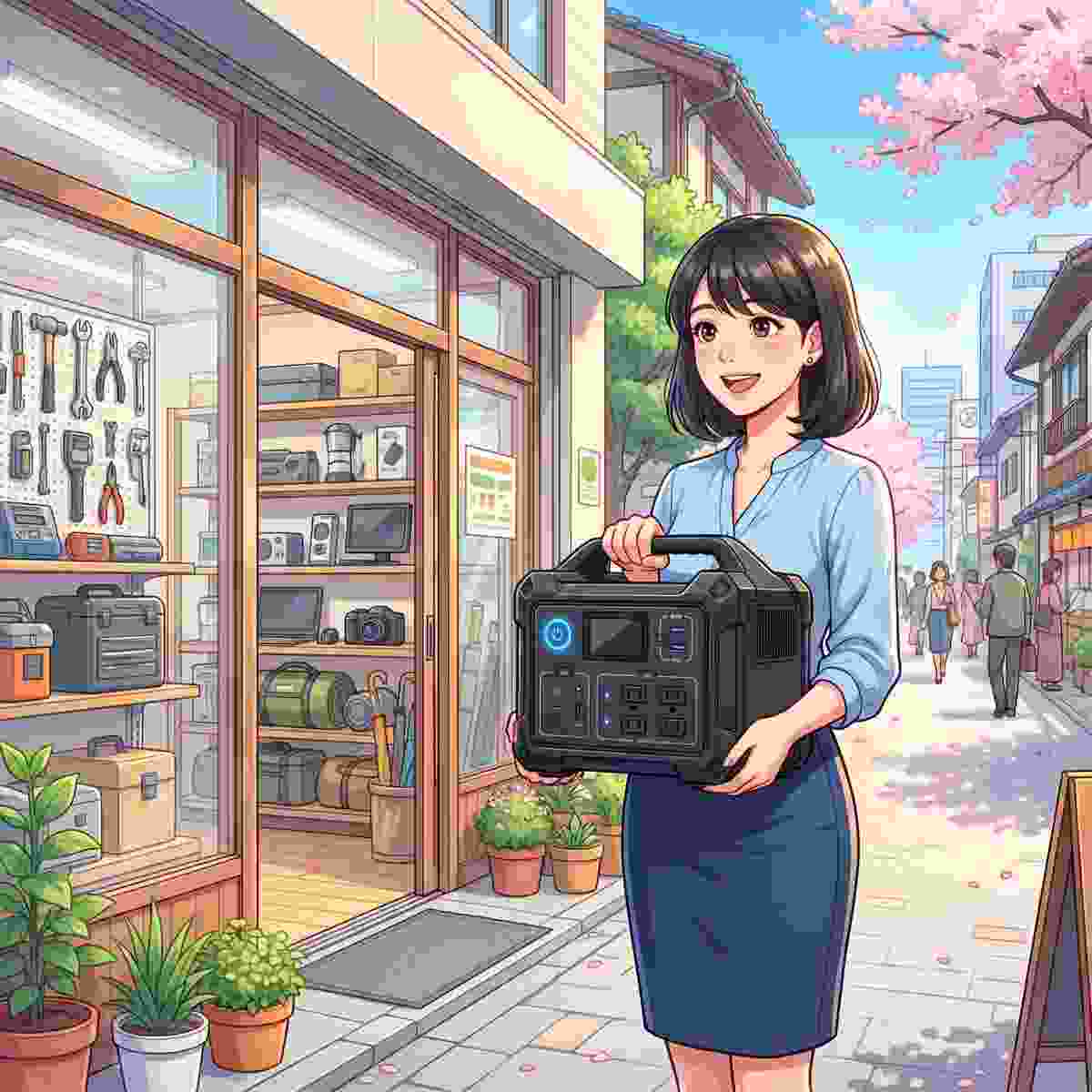 ポータブル電源を当日レンタルできる店舗で受け取る女性OLのイラスト