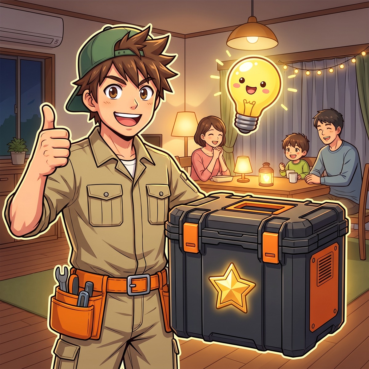 金星バッジ付きのポータブル電源の前でサムズアップするジンデンと安心する家族のイラスト