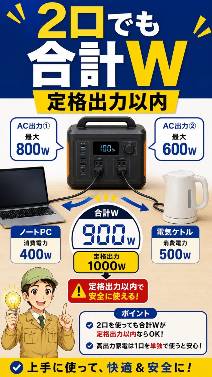 コンセントが2つあるポータブル電源でも合計消費電力が重要だと示す画像