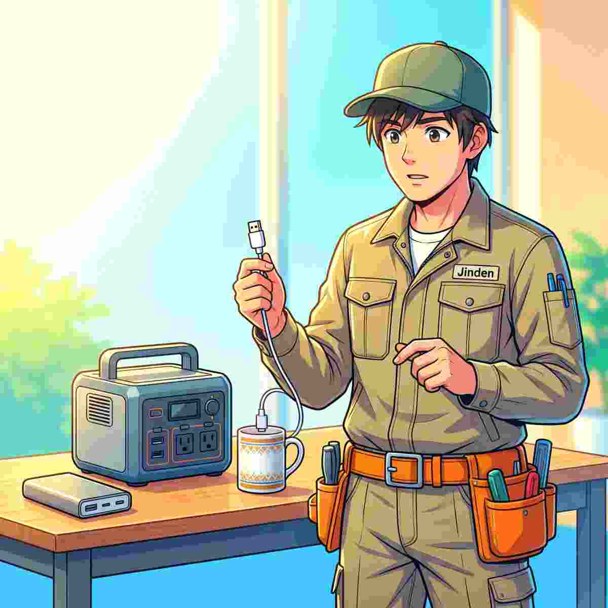 USBケーブルとモバイルバッテリーを使ったお湯沸かしの限界を説明するジンデンのイラスト