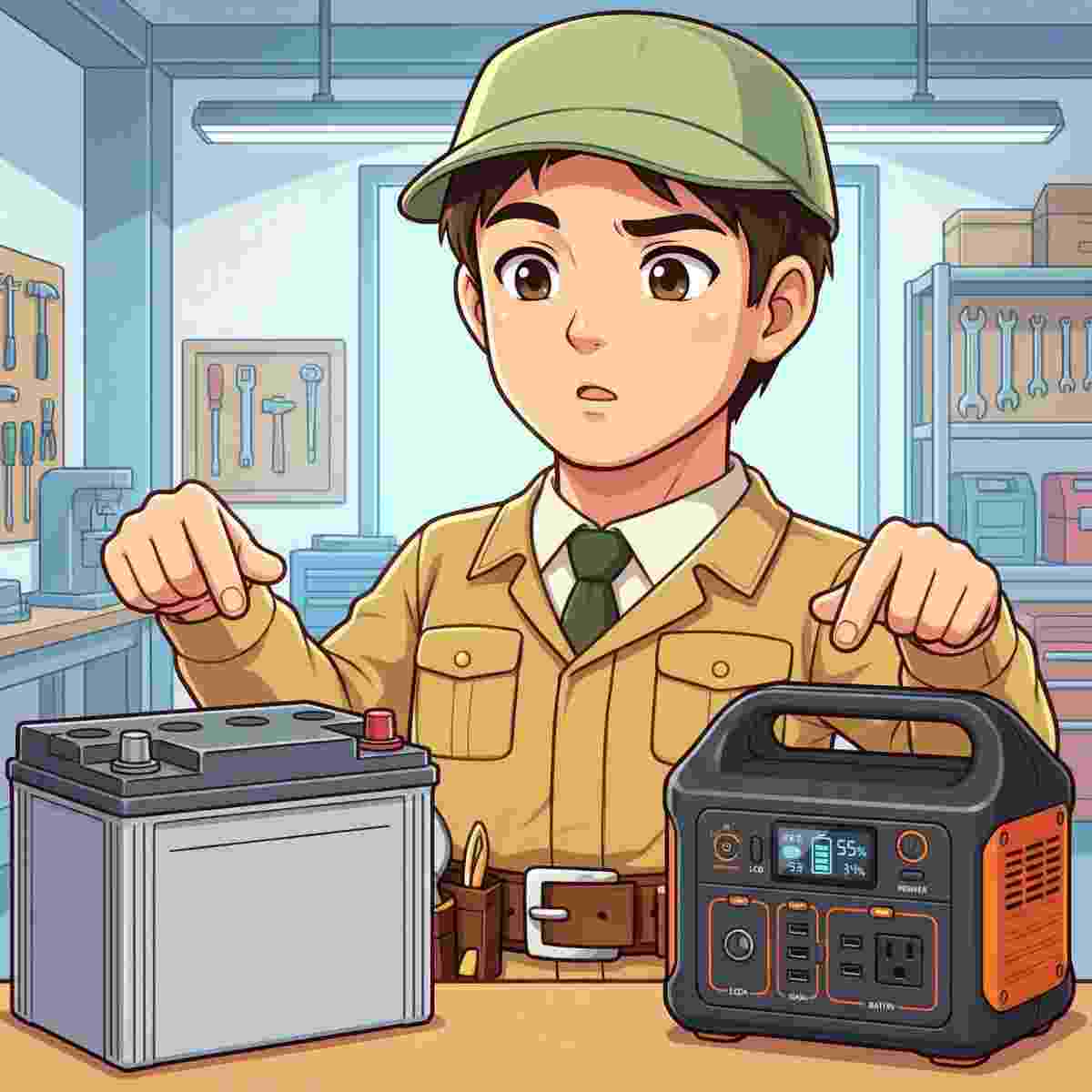 純正サブバッテリーとポータブル電源を並べて比較するジンデンのイラスト