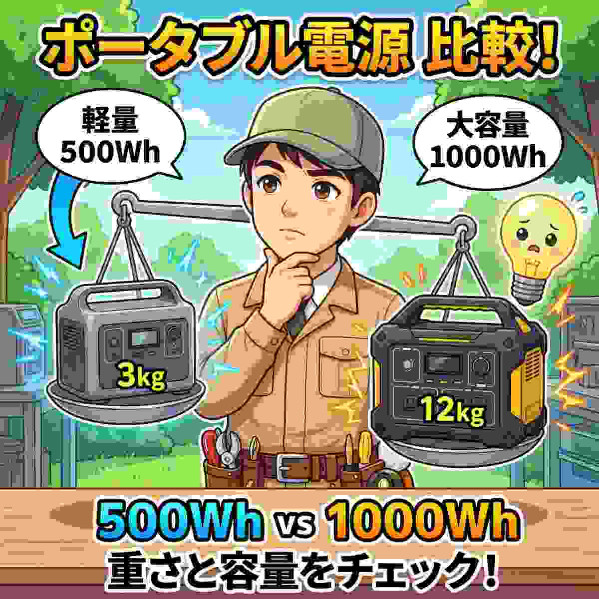 ジンデンが500Whと1000Whのポータブル電源を天秤で比較しているアニメイラスト