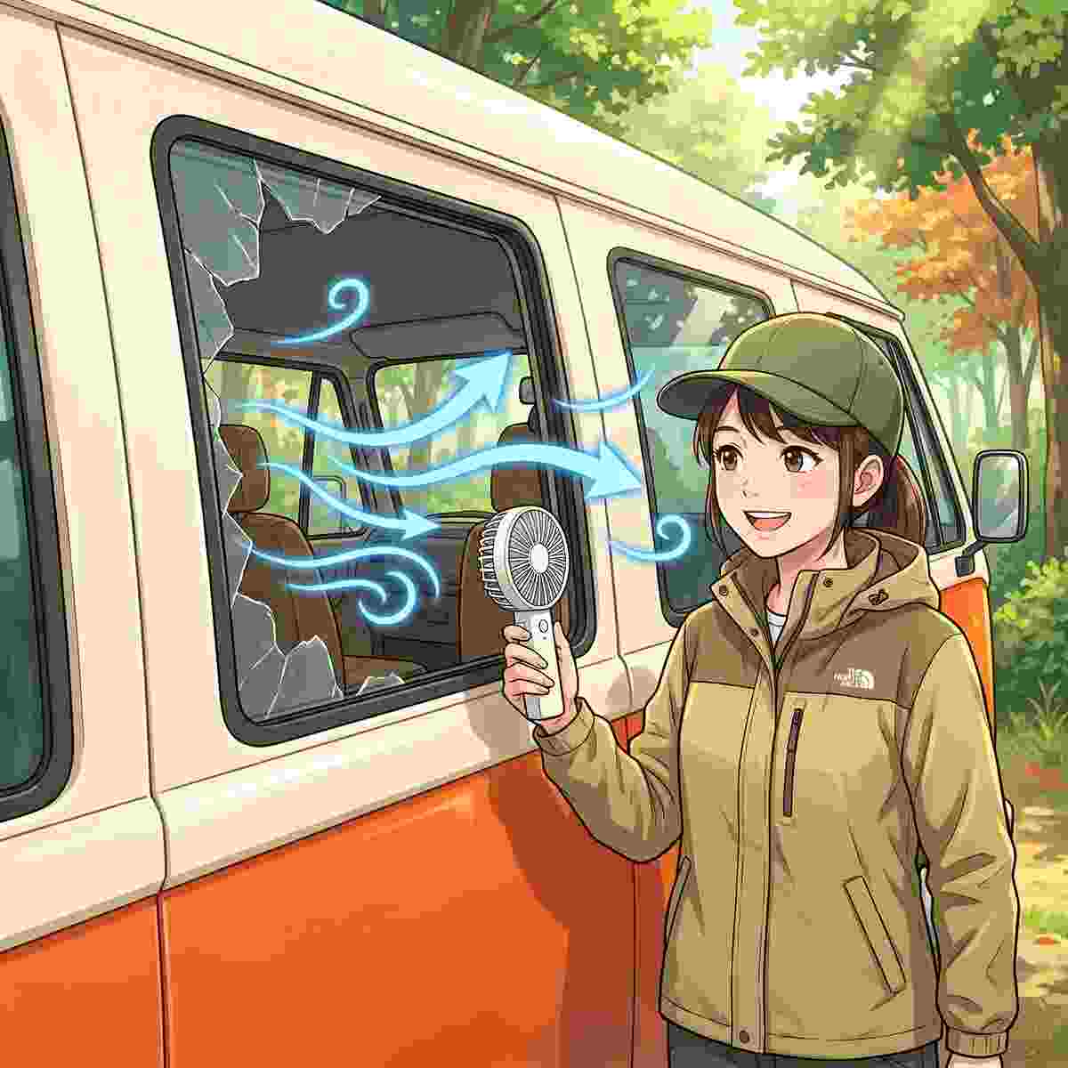キャンプバンの窓を開けてサーキュレーターで外気を取り込む20代女性キャンパーのイラスト