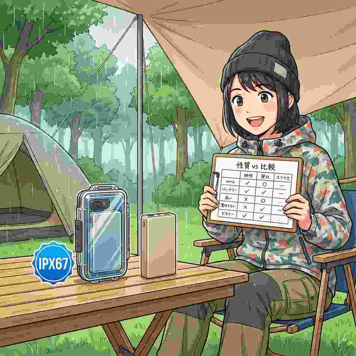 防水ケース付きと無防水のモバイルバッテリーを比較表で検討する女性キャンパーのイラスト