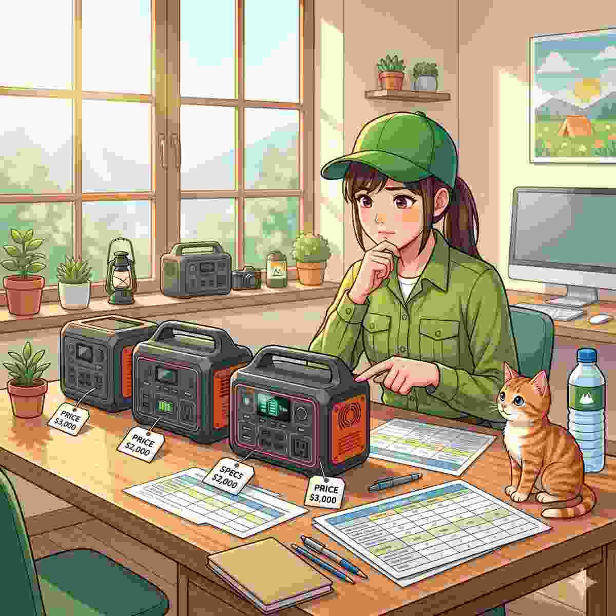 複数のポータブル電源を比較検討する20代日本人女性と隣に座る子猫