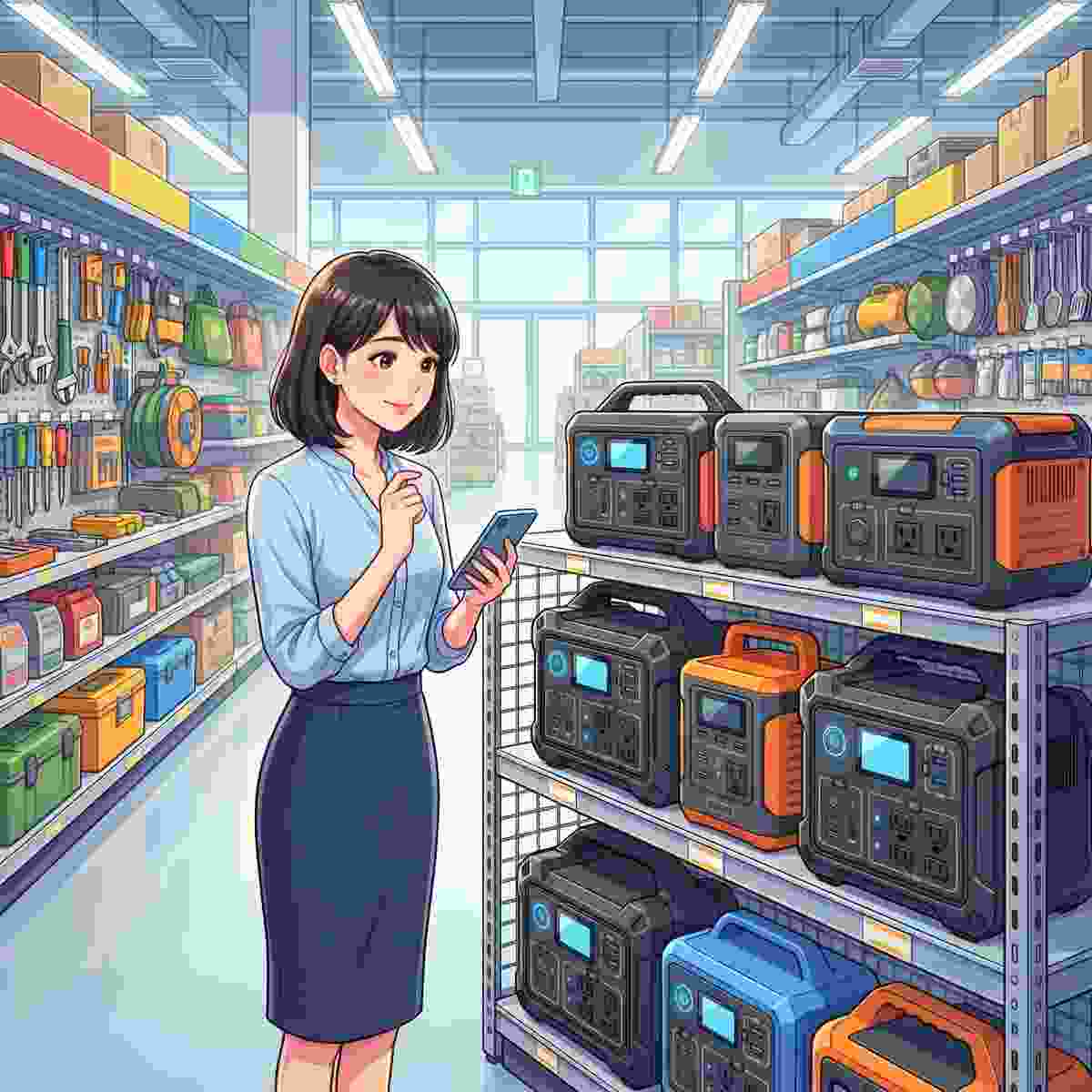 ホームセンターでポータブル電源の陳列棚を確認する女性OLのイラスト