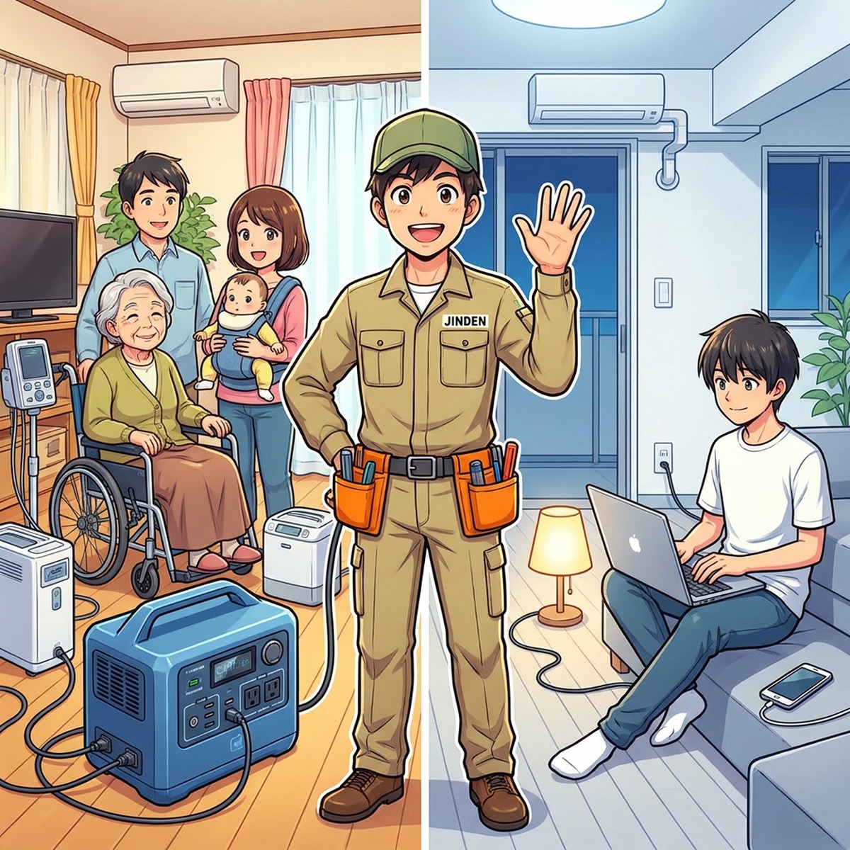 高齢者・赤ちゃんのいる家族と一人暮らしの若者を比較するジンデンのイラスト