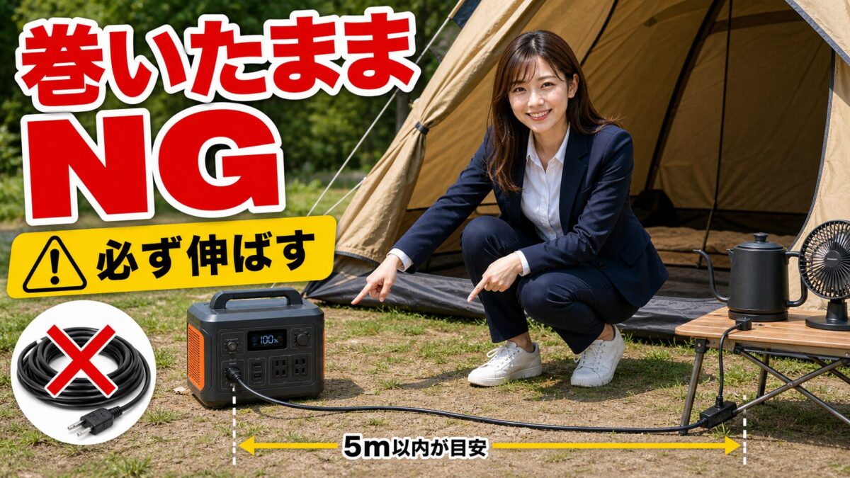 延長コードを巻いたまま使わず伸ばして使うことを示す画像