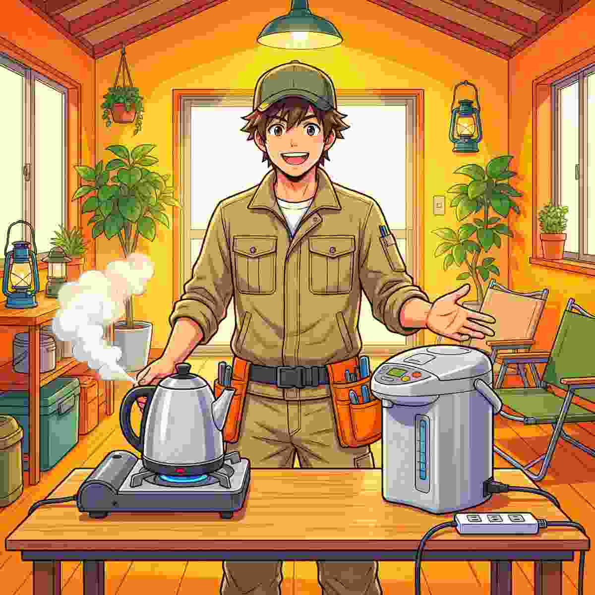 電気ケトルと電気ポットを並べて使い分けを解説するジンデンのイラスト