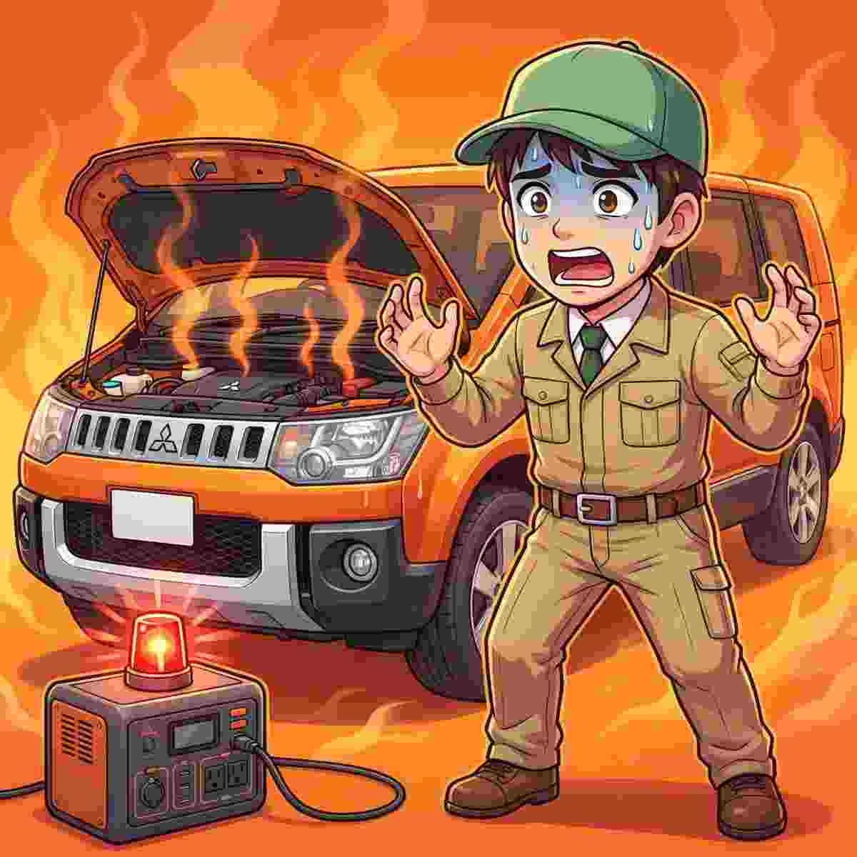 デリカD5のエンジンルームから熱が出てポータブル電源が警告を発し慌てるジンデンのイラスト
