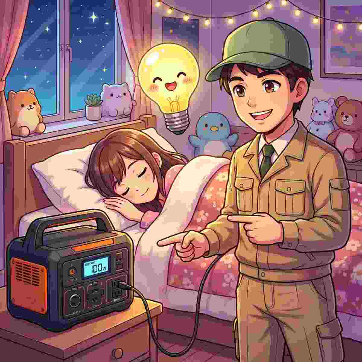 夜の寝室でポータブル電源につないだ電気毛布で女性が眠り、ジンデンが説明しているアニメイラスト