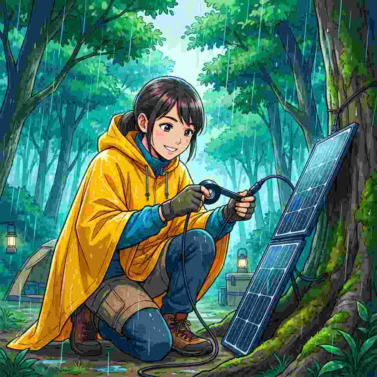 雨天時にソーラーパネルの接続部に防水テープを巻く女性キャンパーのイラスト