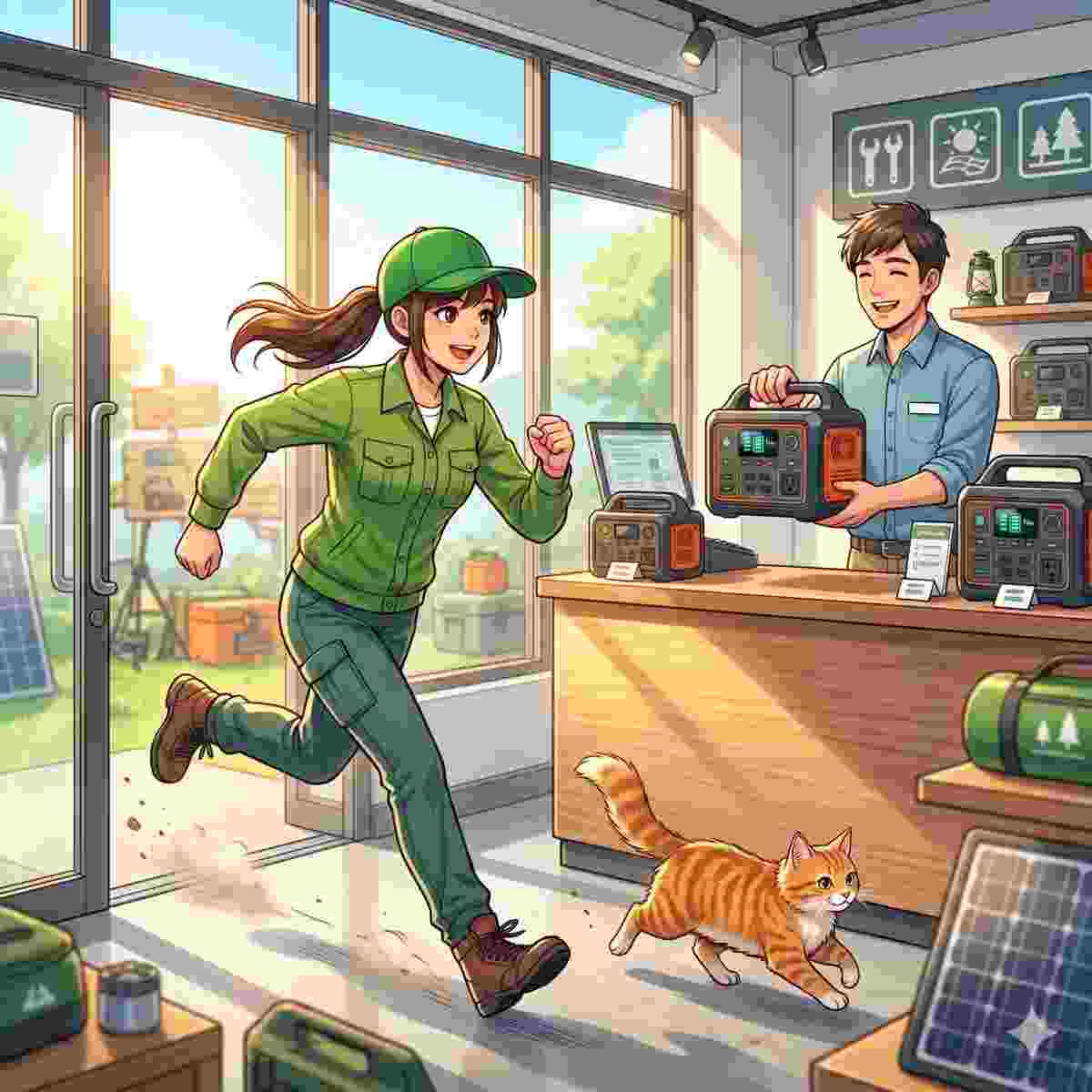 当日レンタルのために急いで店に入る20代日本人女性と一緒に走る子猫