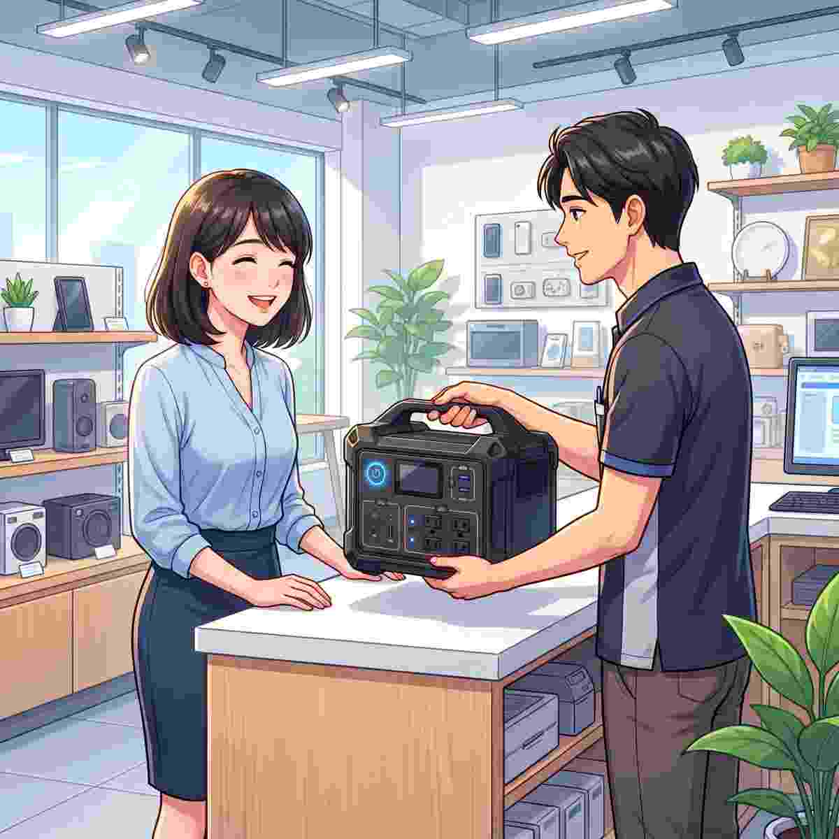 店舗カウンターでポータブル電源をレンタル受け取りする女性OLのイラスト
