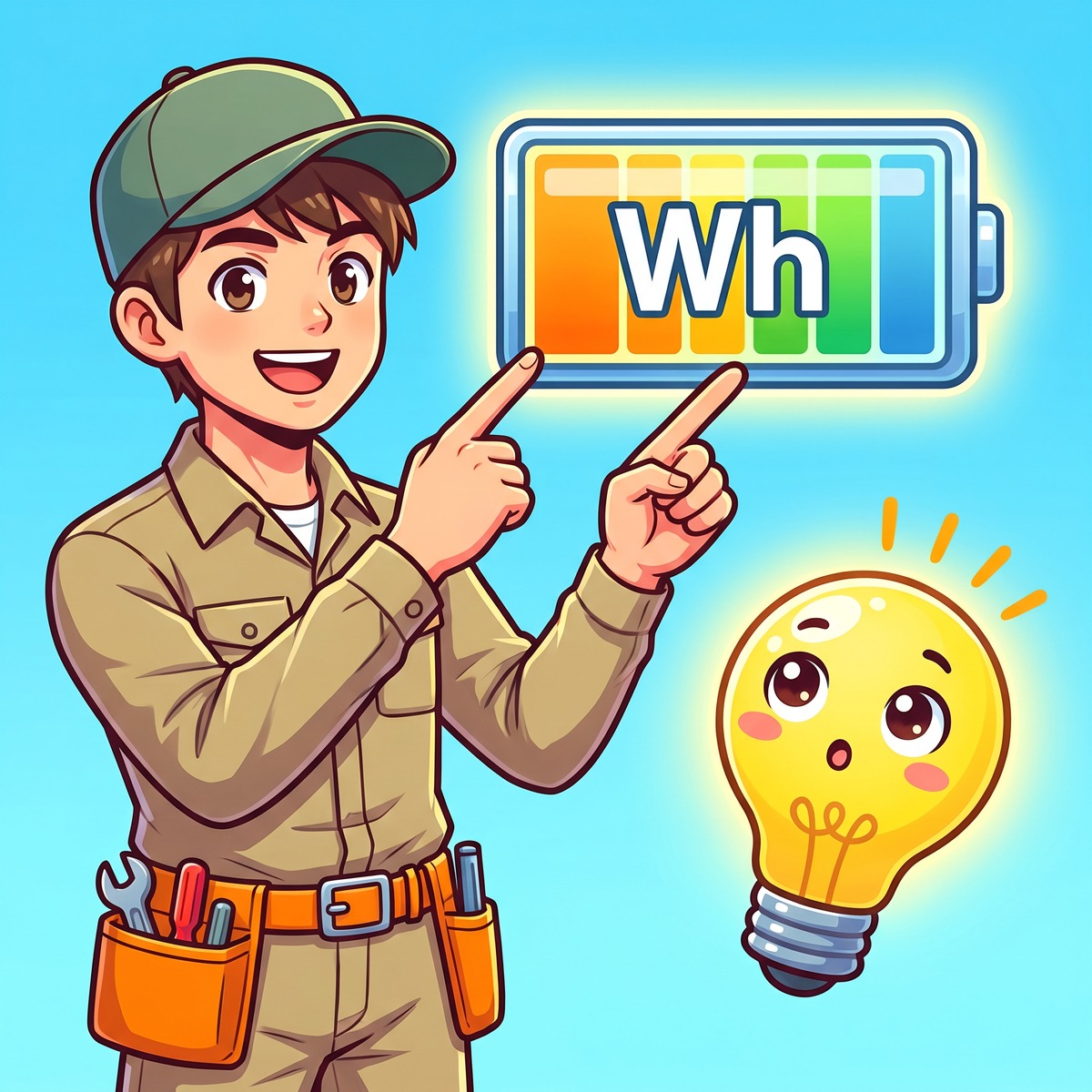 Wh容量を示す大きなバッテリーアイコンを指差すジンデンと電球マスコットのイラスト