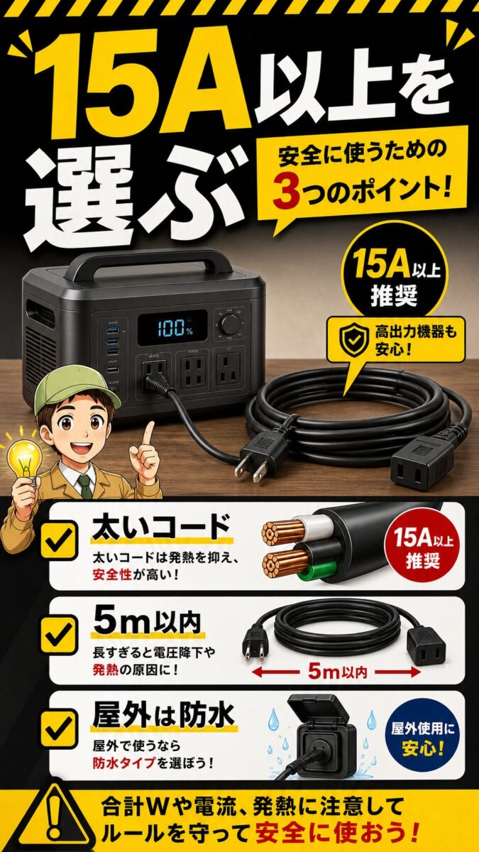 ポータブル電源に延長コードを接続する際の推奨条件をまとめた画像