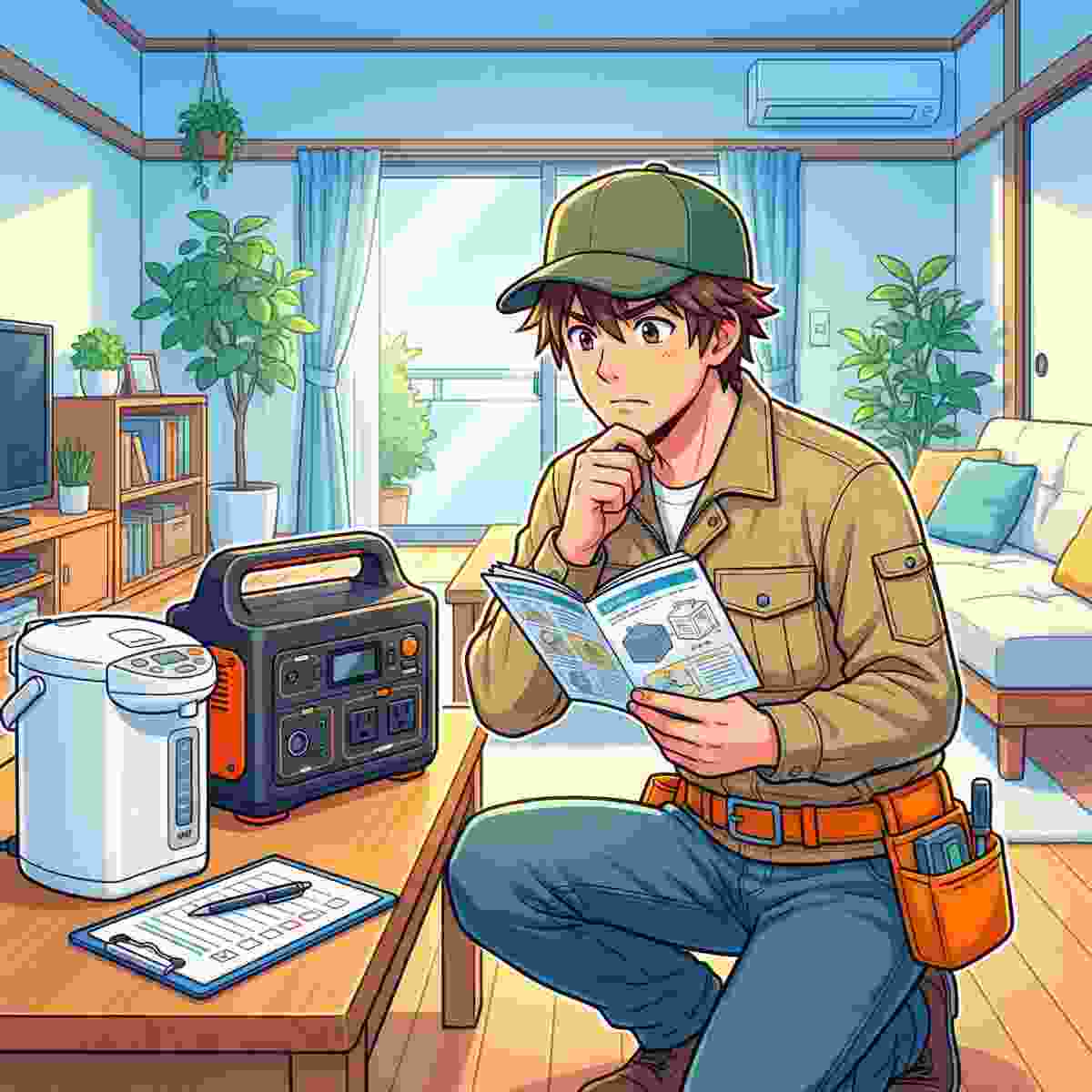 電気ポットの取扱説明書をポータブル電源の前で読んで注意点を確認するジンデンのイラスト