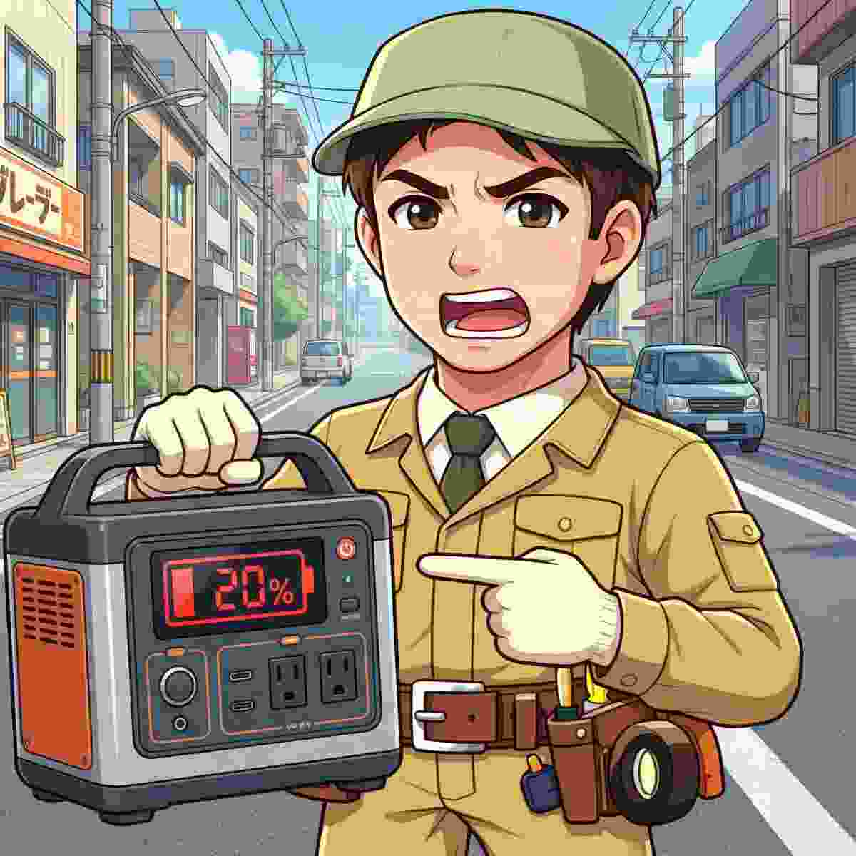 短距離走行後にポータブル電源の残量が20%しかなく困るジンデンのイラスト