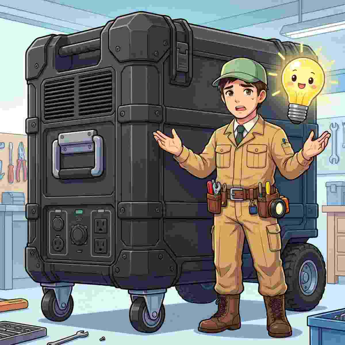 ジンデンの背丈を超える巨大なポータブル電源の前で困惑した表情のジンデンのアニメイラスト