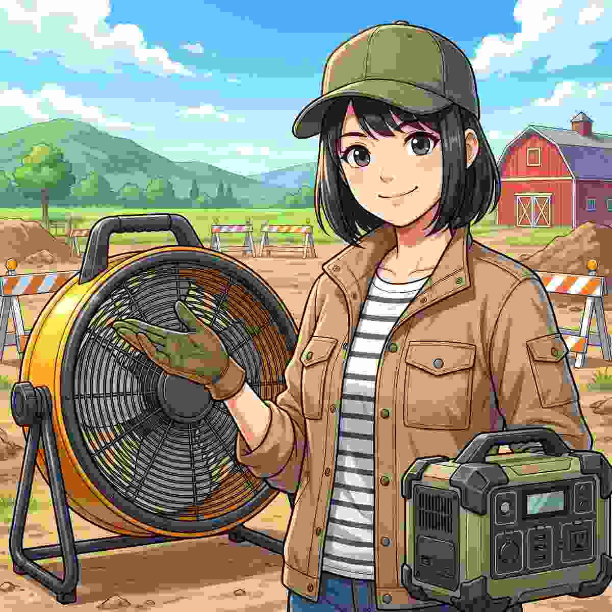 屋外作業現場で大型業務用扇風機とポータブル電源を紹介する20代女性キャンパーのイラスト