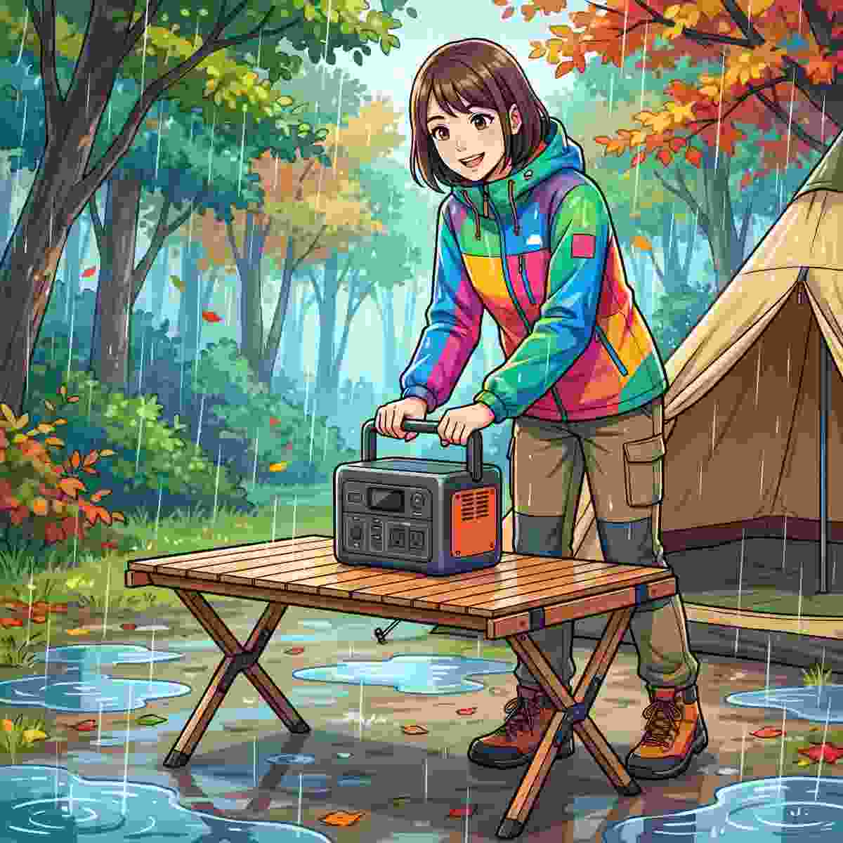 雨のキャンプサイトでポータブル電源をテーブルに置いて地面から隔離する女性キャンパーのイラスト