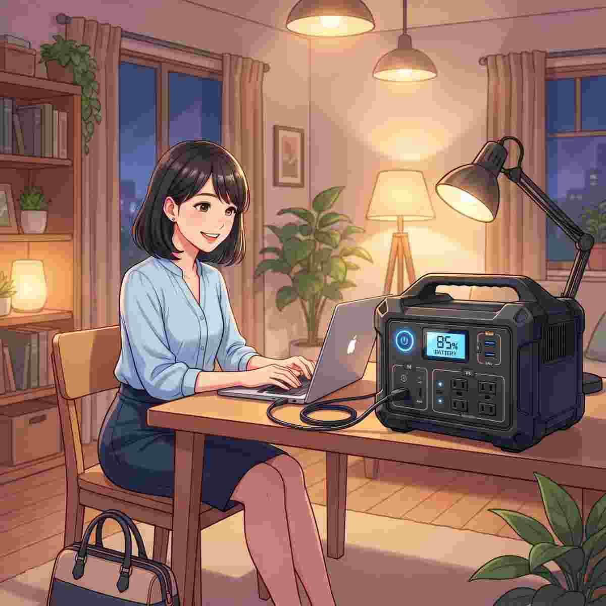 1泊2日レンタルのポータブル電源でノートパソコンを使う女性OLのイラスト