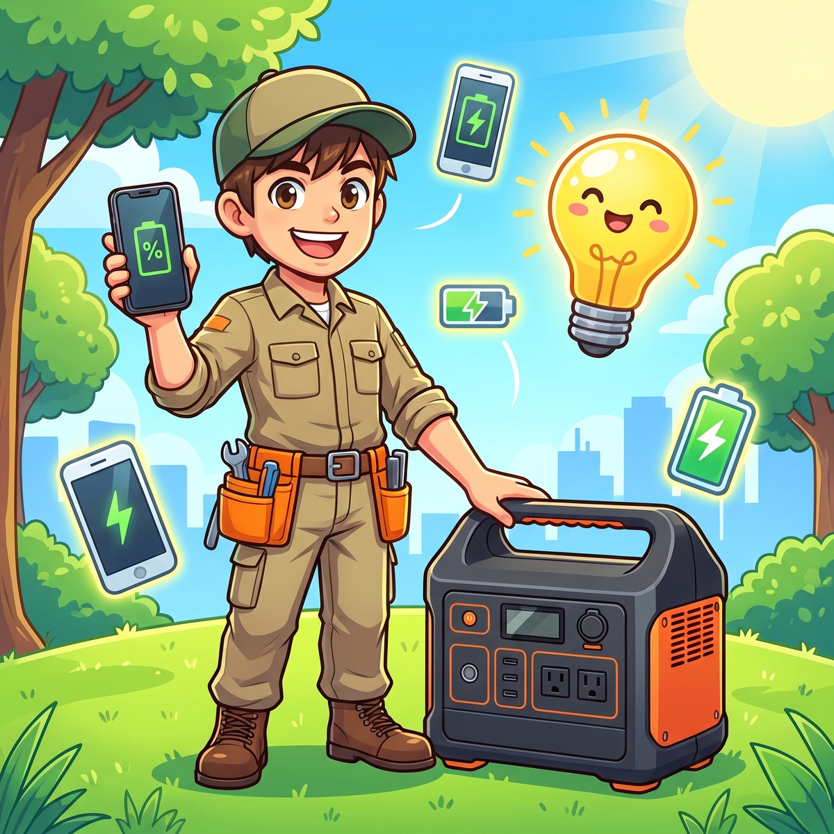 スマートフォンを持ちポータブル電源の充電回数を示すジンデンのイラスト