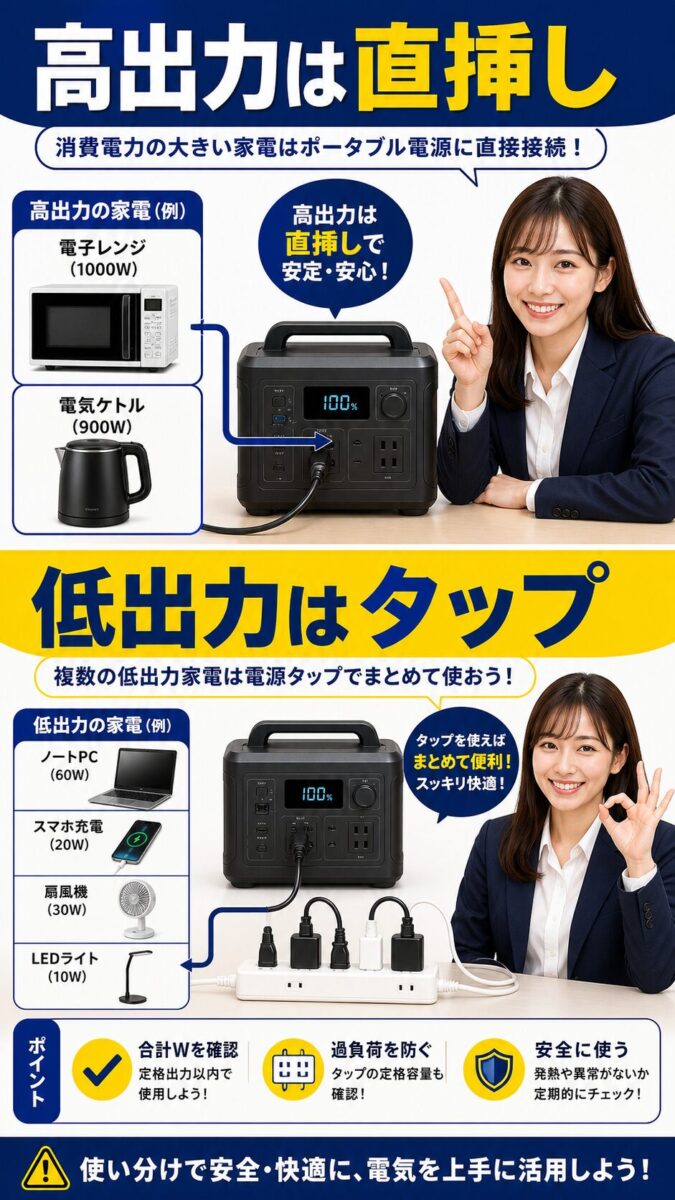 高出力機器は直挿しし低出力機器は電源タップで管理する方法を示す画像
