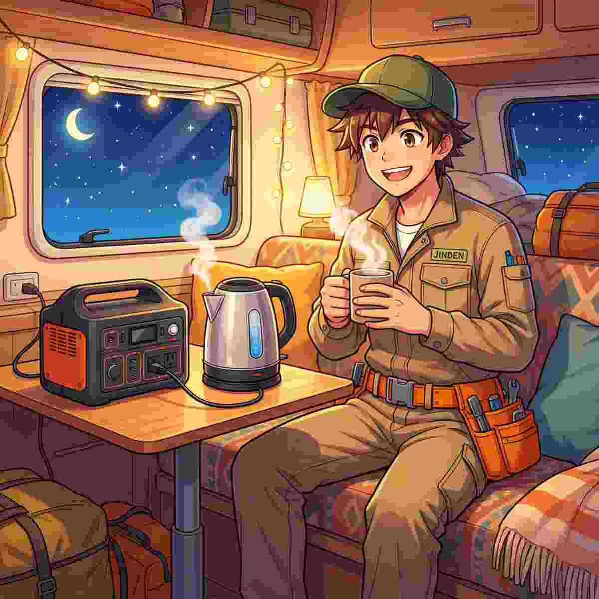 夜の車中泊でポータブル電源に繋いだ電気ケトルでお湯を沸かしホットドリンクを楽しむジンデンのイラスト