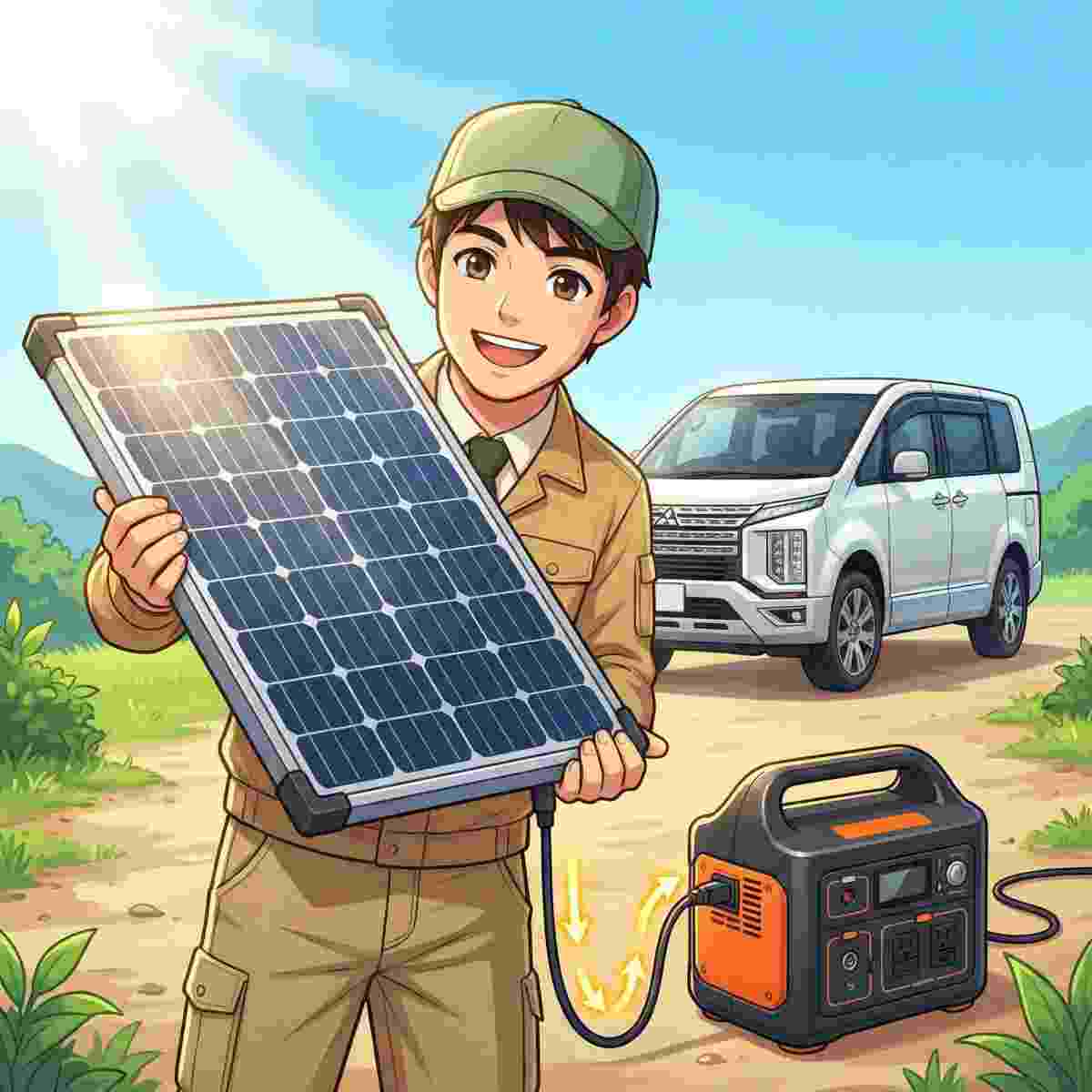 ソーラーパネルをポータブル電源に接続して充電効率を上げるジンデンのイラスト