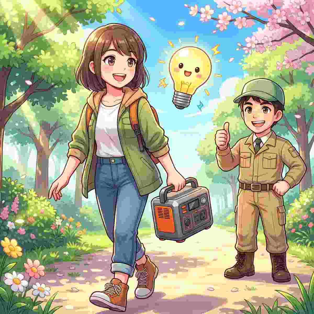 女性が軽量コンパクトなポータブル電源を片手で楽々と運び、ジンデンが承認するアニメイラスト