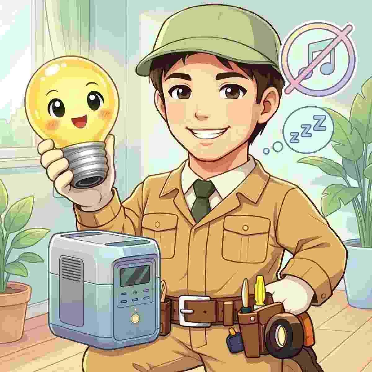 EcoFlow Delta 2を静かな場所に設置して騒音を抑えるジンデンのイラスト