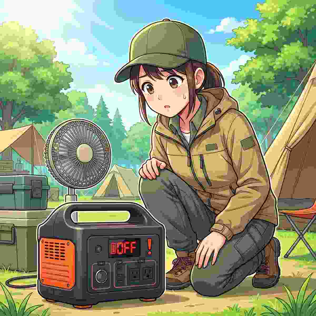 電源が切れたポータブル電源の表示を確認して困惑する20代女性キャンパーのイラスト