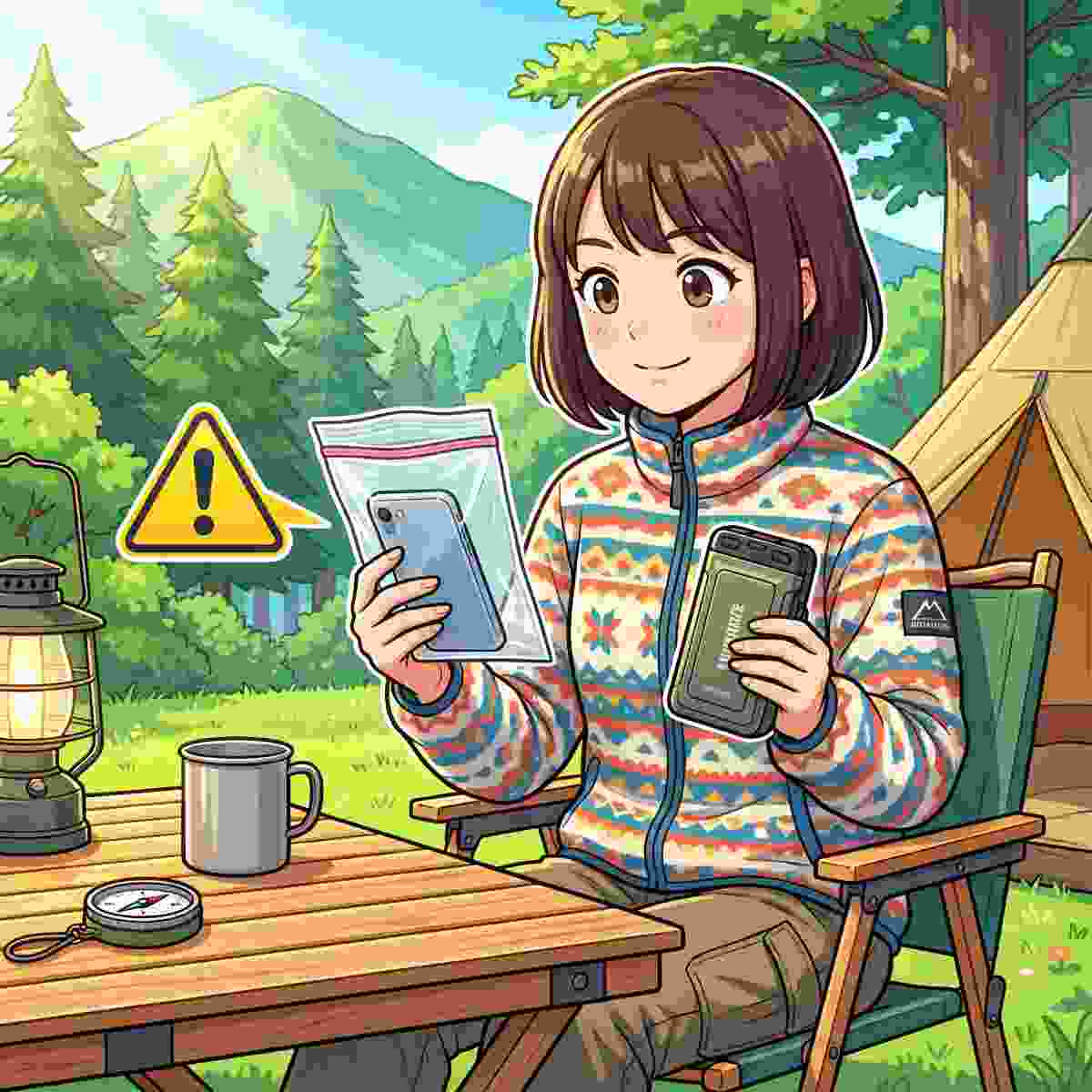 ジップロック代用品と専用防水ケースのリスクを比較検討する女性キャンパーのイラスト