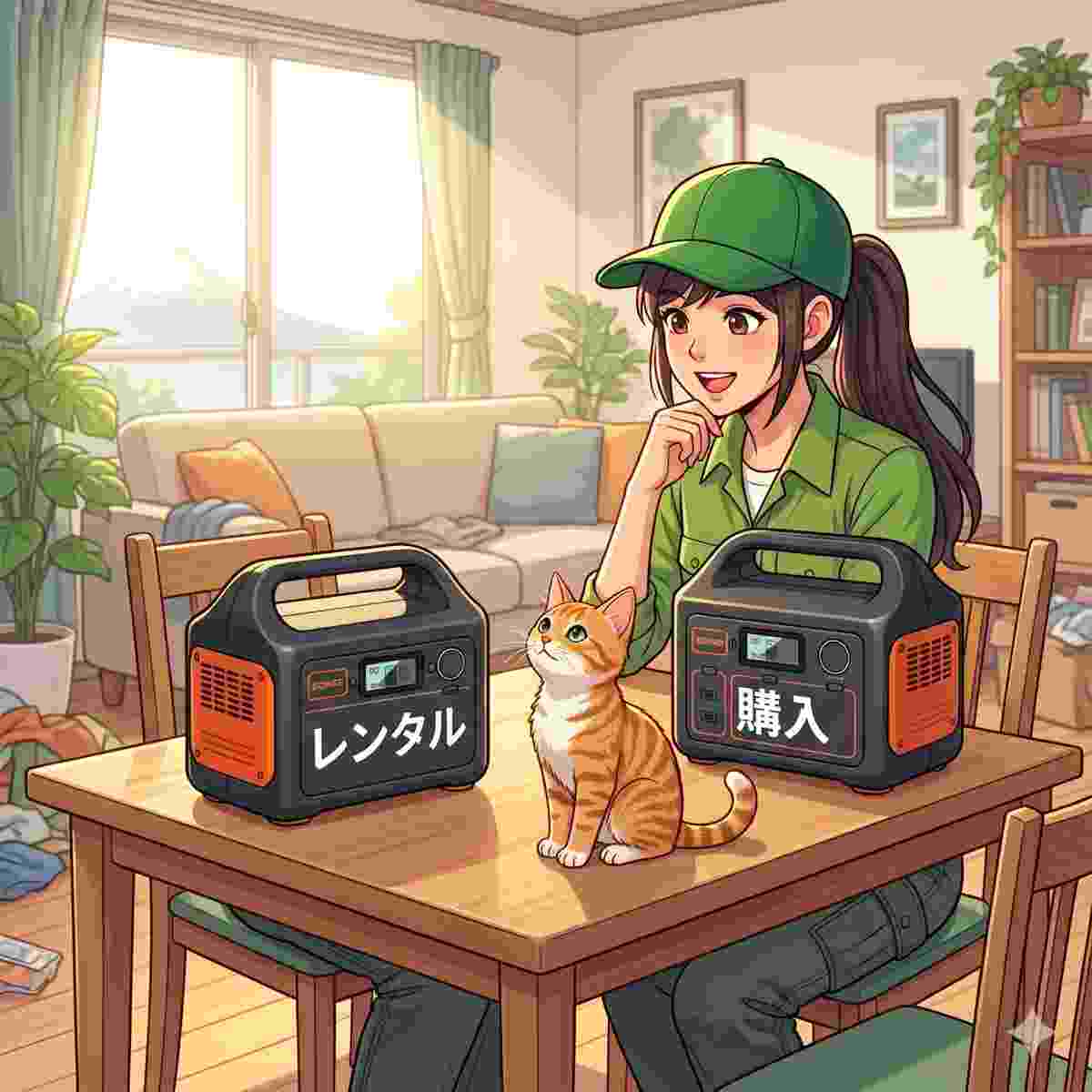 レンタルと購入のポータブル電源を前に考える20代日本人女性と間に座る子猫
