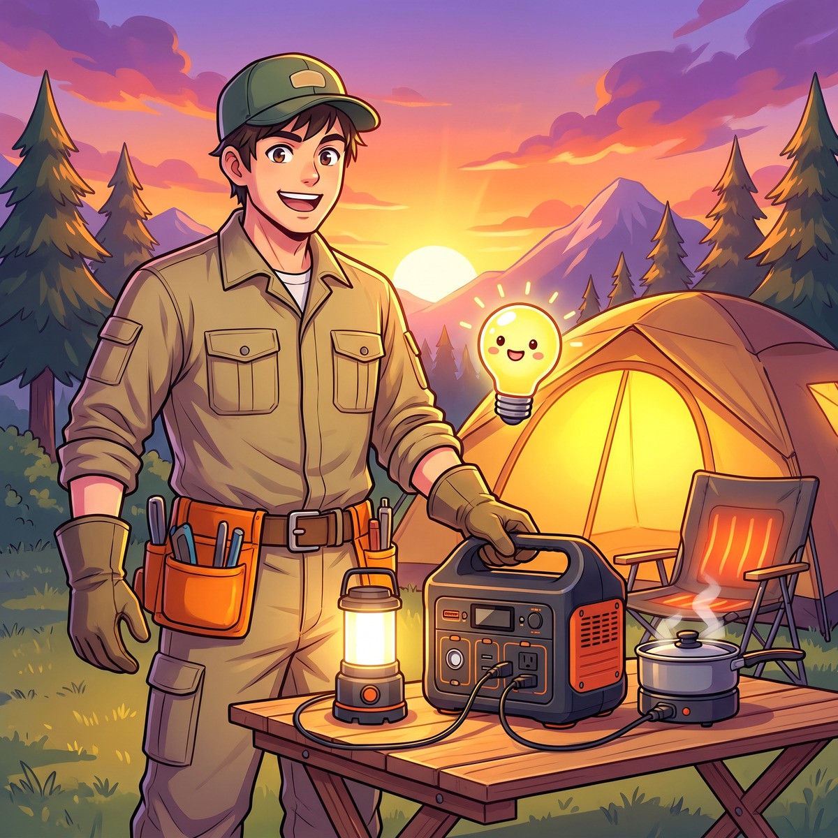 夕暮れのキャンプサイトでポータブル電源を使うジンデンとテントのイラスト