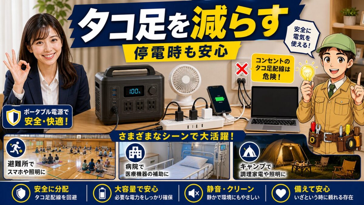 ポータブル電源で家庭や避難時のタコ足配線を回避する活用シーンを示す画像